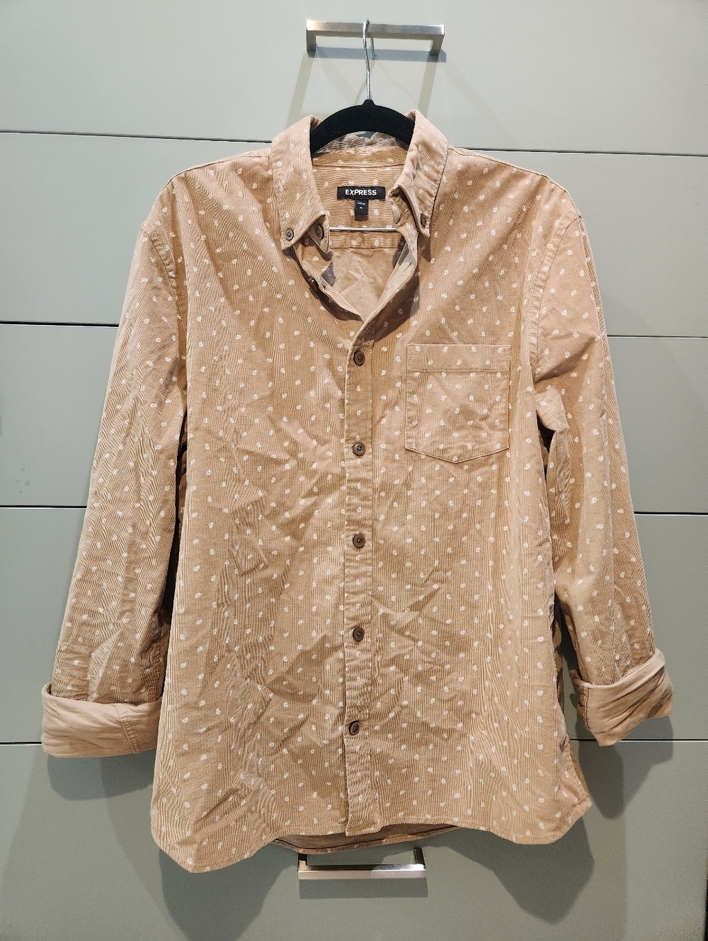 Express Men’s Corduroy Tan Button-Down Shirt with Western Pattern
